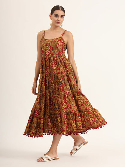 Brown Floral Print Pure Cotton Fit & Flare Dress