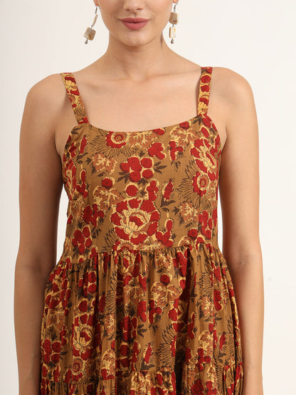 Brown Floral Print Pure Cotton Fit & Flare Dress