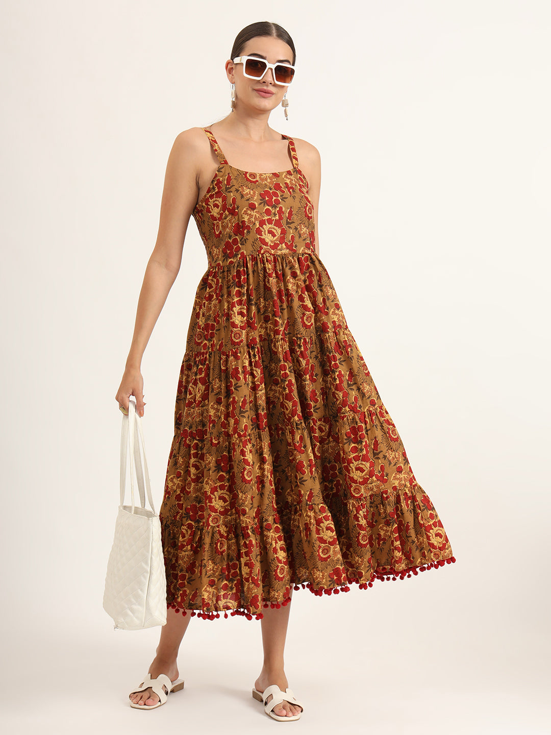 Brown Floral Print Pure Cotton Fit & Flare Dress