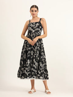 Black Floral Print Pure Cotton Fit & Flare Dress