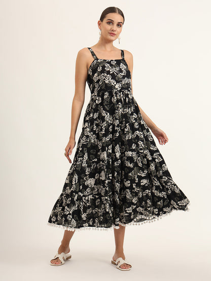 Black Floral Print Pure Cotton Fit & Flare Dress