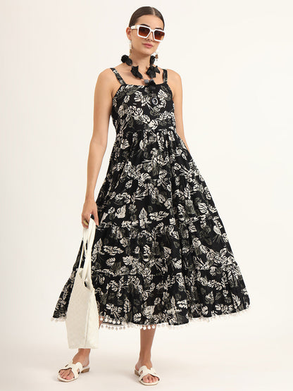 Black Floral Print Pure Cotton Fit & Flare Dress