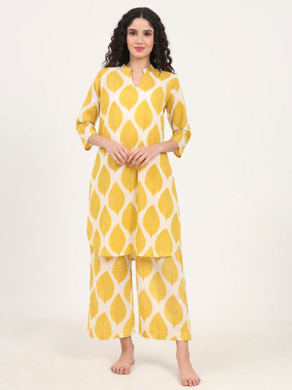 Yellow Printed Cotton Night Suit