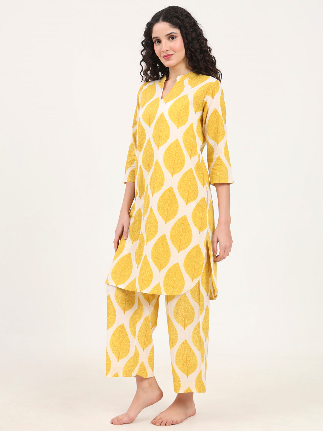 Yellow Printed Cotton Night Suit