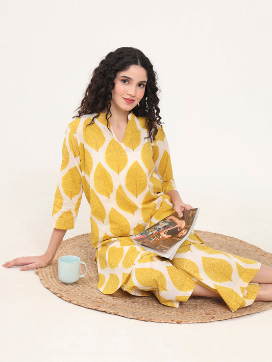 Yellow Printed Cotton Night Suit