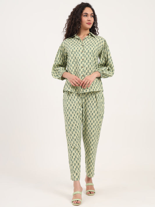 Green Floral Print Rayon Fabric  Shirts Pant With Crop Top three Piece set
