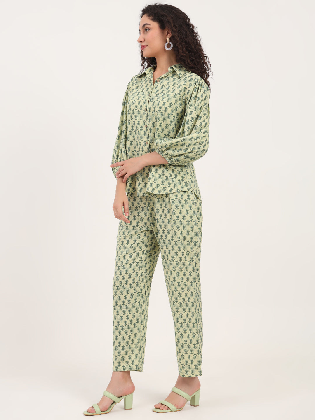 Green Floral Print Rayon Fabric  Shirts Pant With Crop Top three Piece set