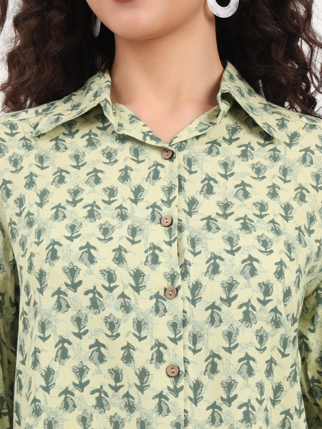 Green Floral Print Rayon Fabric  Shirts Pant With Crop Top three Piece set