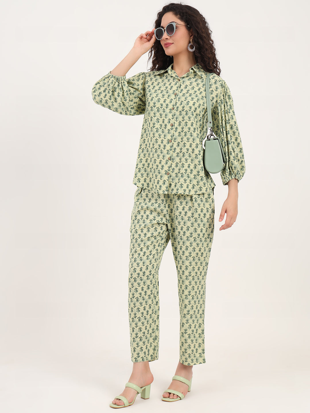 Green Floral Print Rayon Fabric  Shirts Pant With Crop Top three Piece set