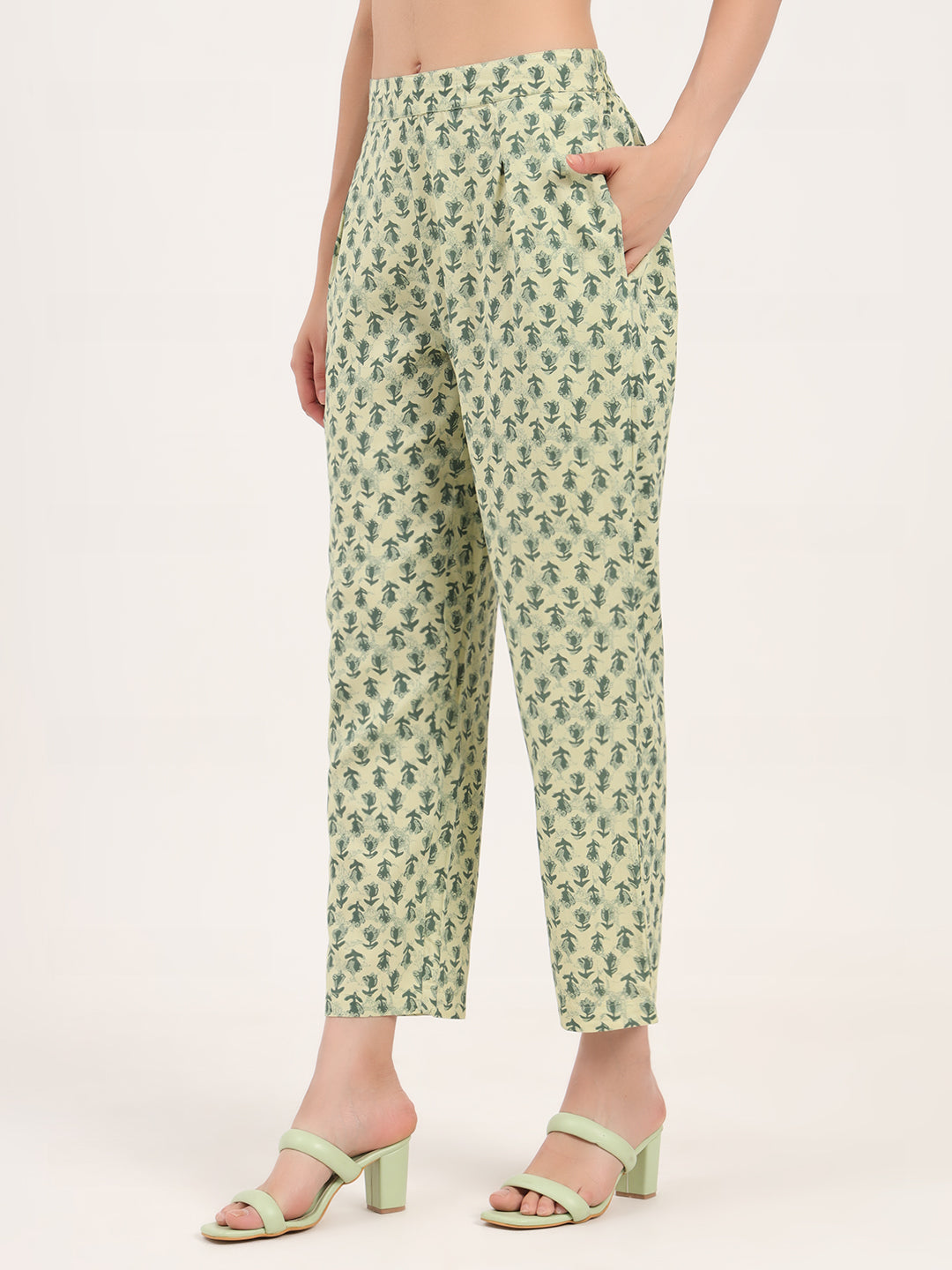 Green Floral Print Rayon Fabric  Shirts Pant With Crop Top three Piece set