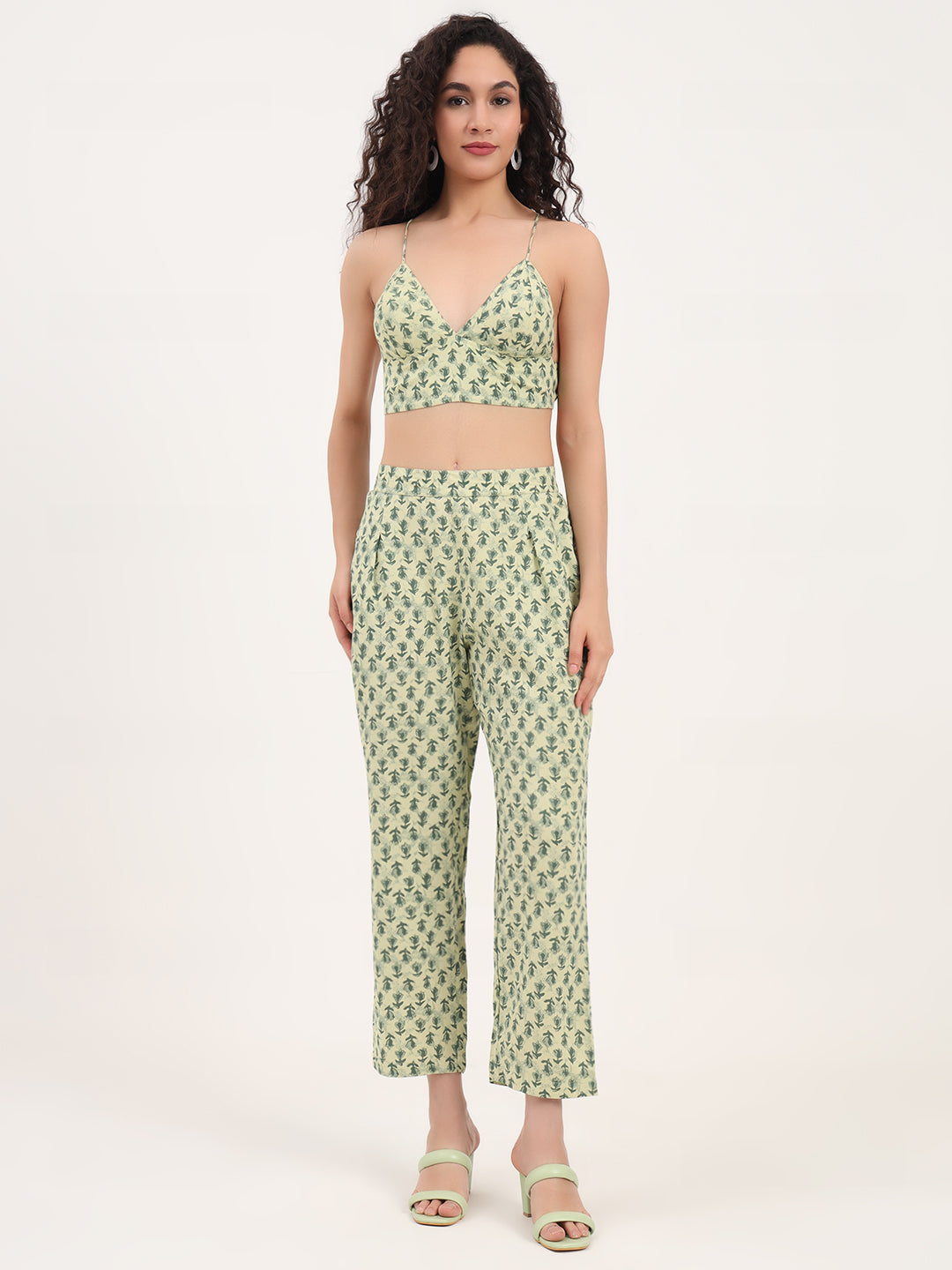 Green Floral Print Rayon Fabric  Shirts Pant With Crop Top three Piece set