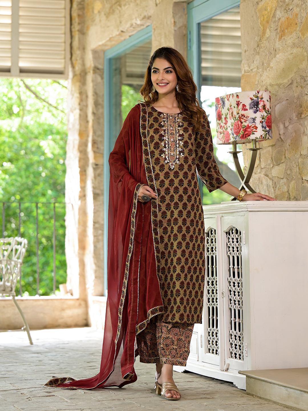 Brown Straight fit Zardozi Work Knee Long Cotton Kurta Set for women