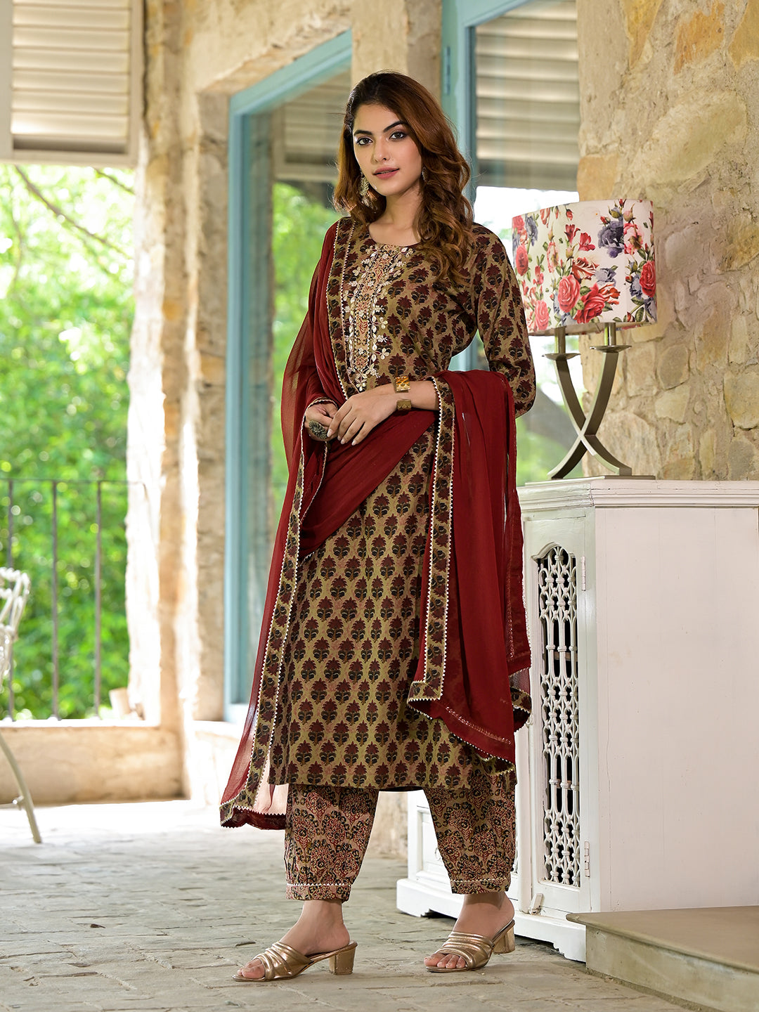 Brown Straight fit Zardozi Work Knee Long Cotton Kurta Set for women
