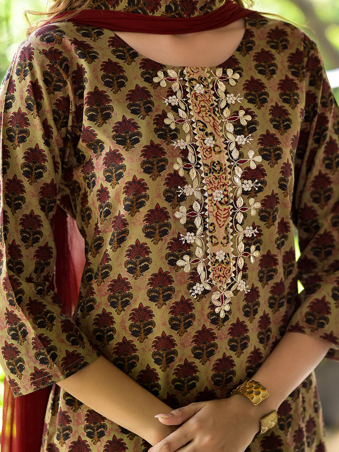 Brown Straight fit Zardozi Work Knee Long Cotton Kurta Set for women