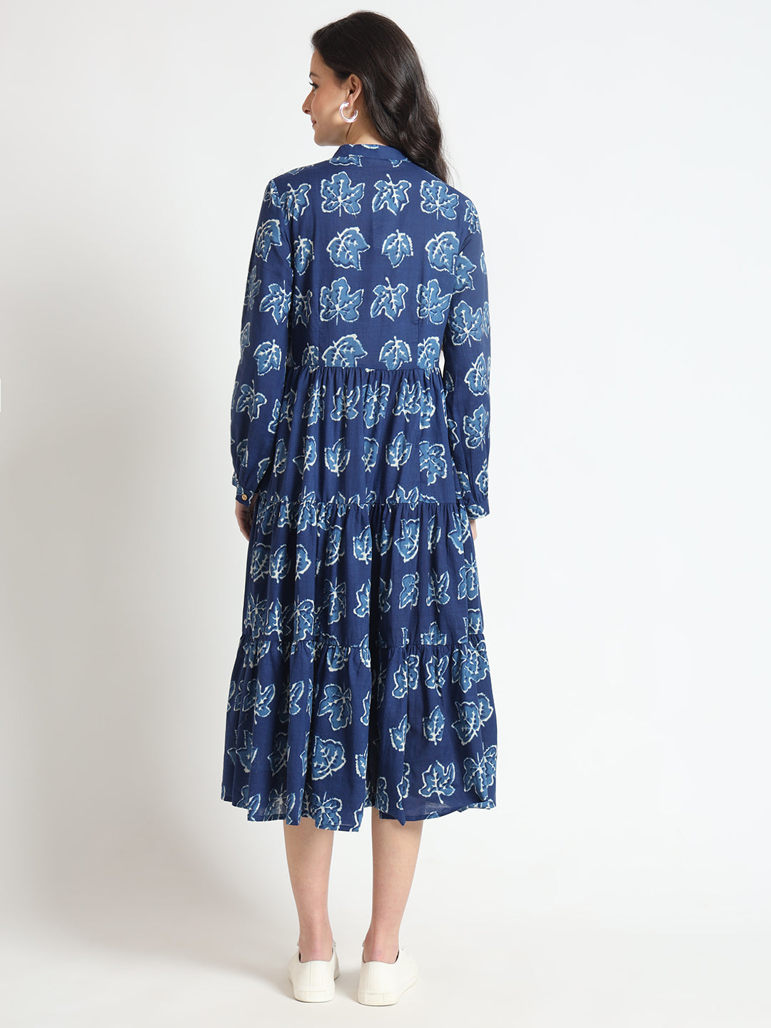 Blue Floral Print Cotton Fabric Flared Dress