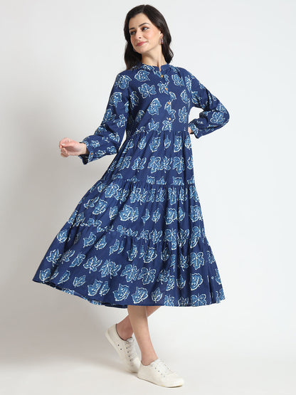 Blue Floral Print Cotton Fabric Flared Dress