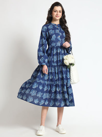 Blue Floral Print Cotton Fabric Flared Dress