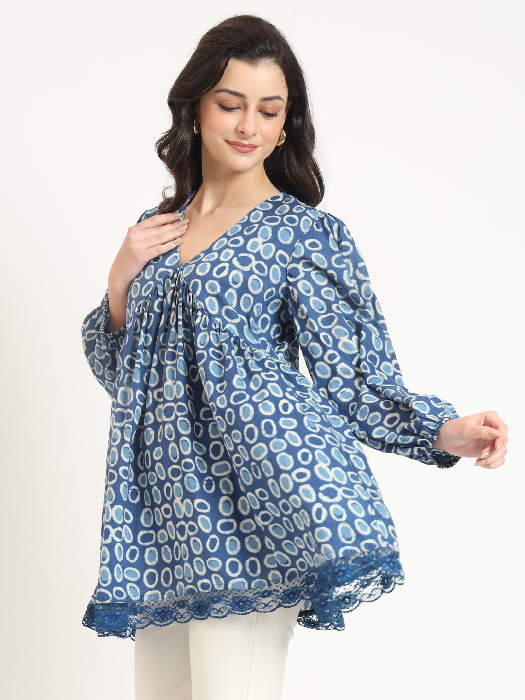 Blue Cotton V-Neck Top