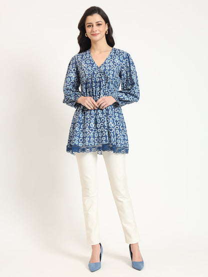 Blue Cotton V-Neck Top