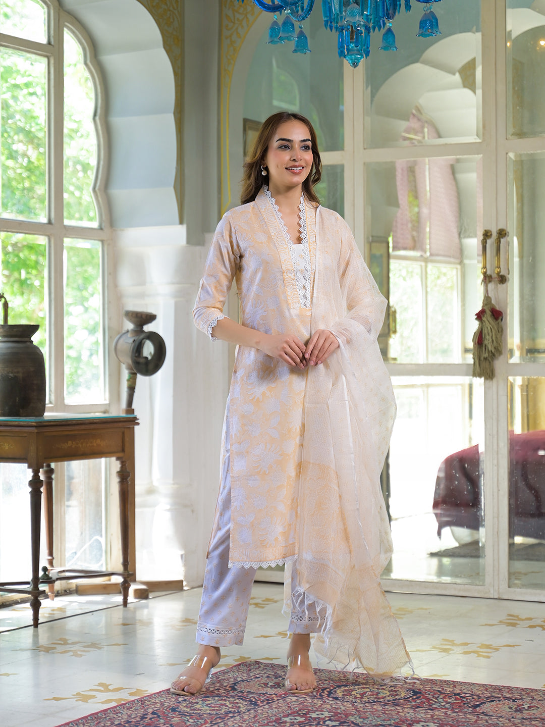 Peach Block Print Cotton Straight Kurta Pant with Dupatta