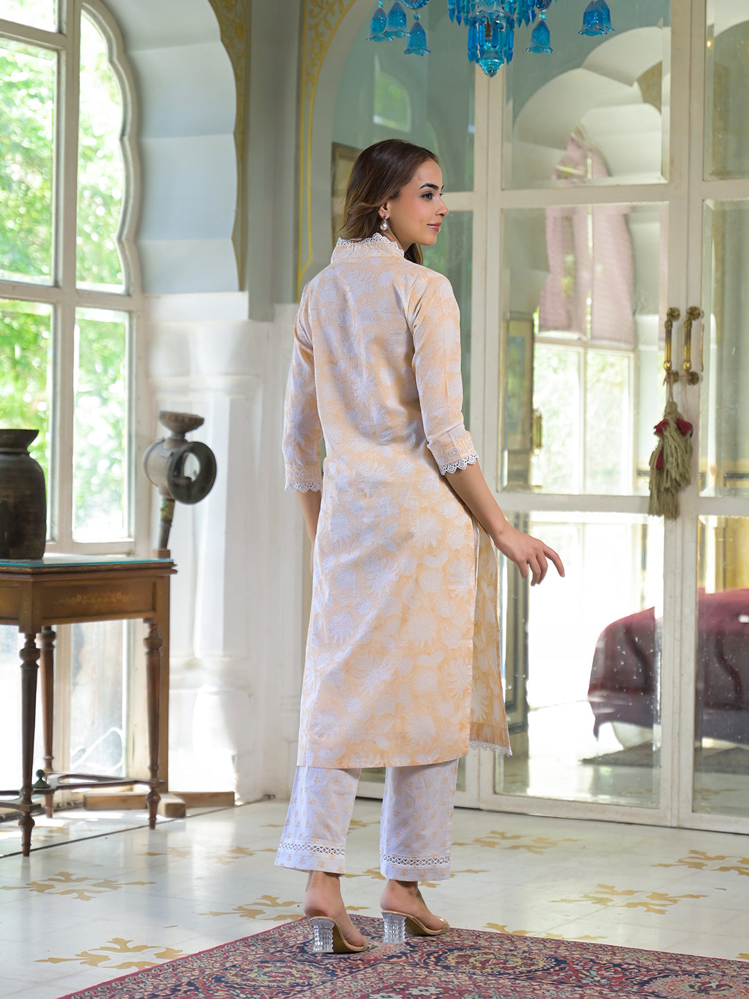 Peach Block Print Cotton Straight Kurta Pant with Dupatta