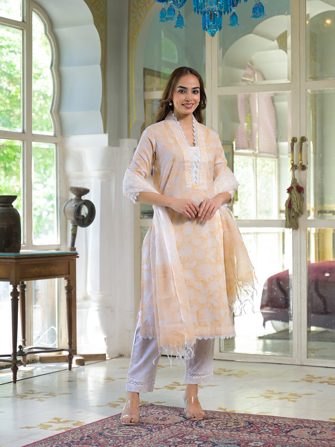 Peach Block Print Cotton Straight Kurta Pant with Dupatta