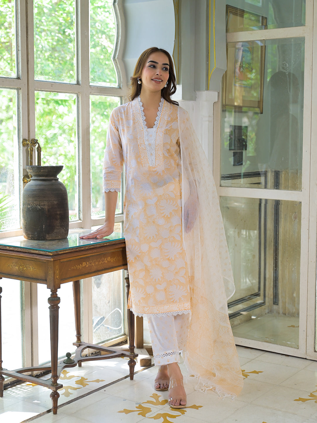 Peach Block Print Cotton Straight Kurta Pant with Dupatta
