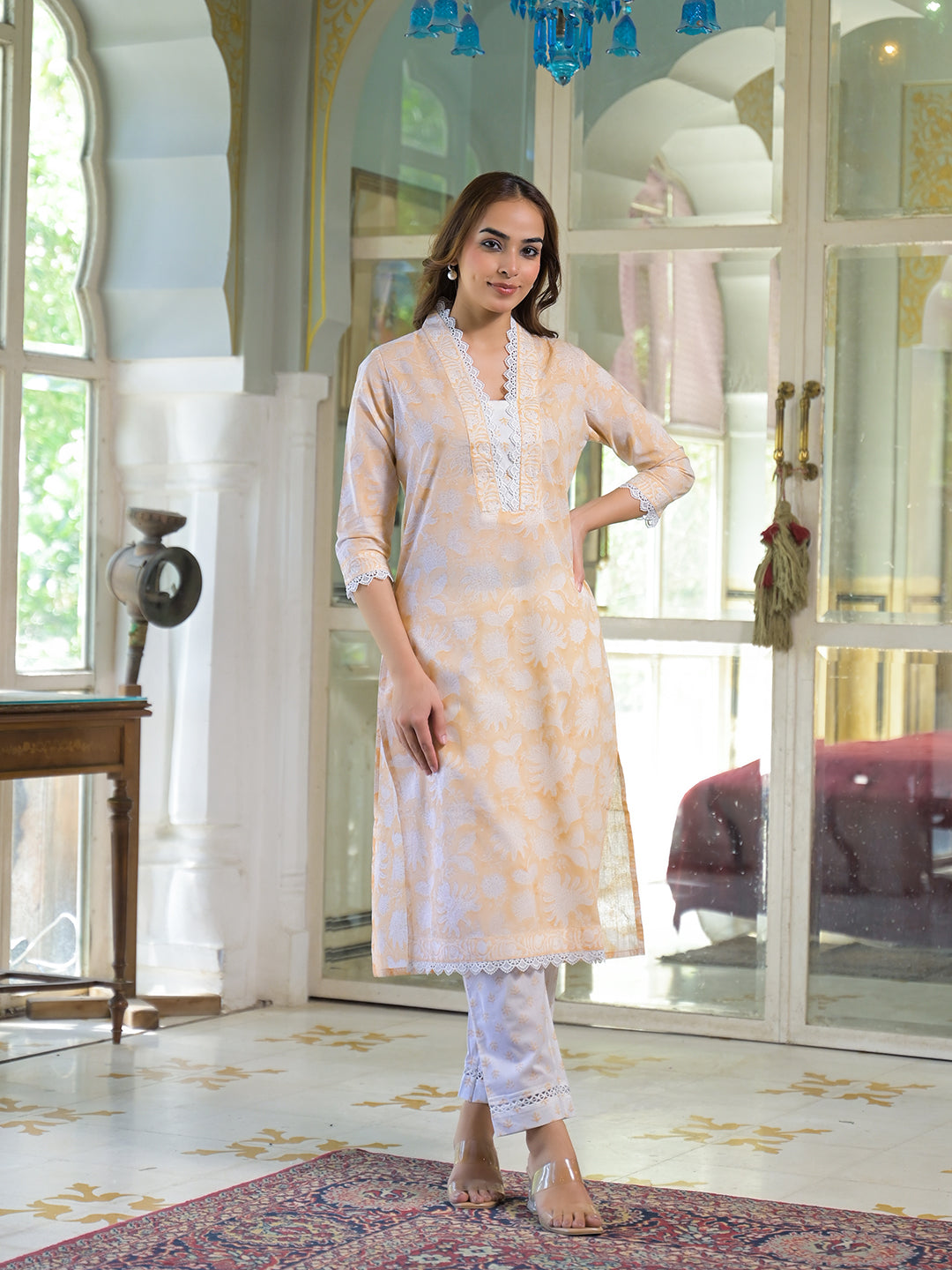 Peach Block Print Cotton Straight Kurta Pant with Dupatta