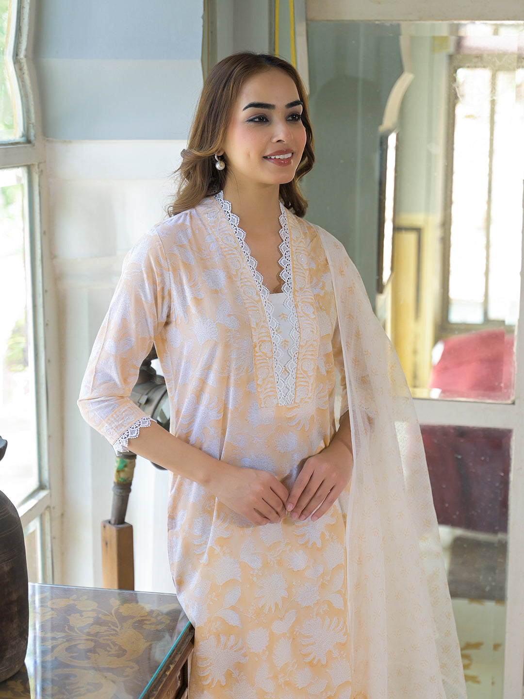 Peach Block Print Cotton Straight Kurta Pant with Dupatta