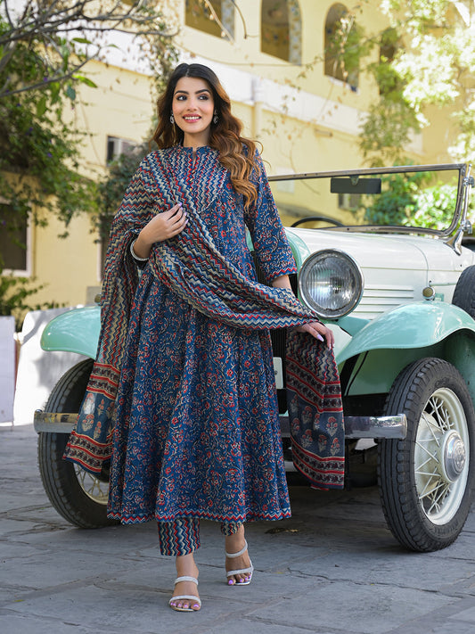 Multicolor Floral Print Cotton Fabric Kurta  Pant With Dupatta