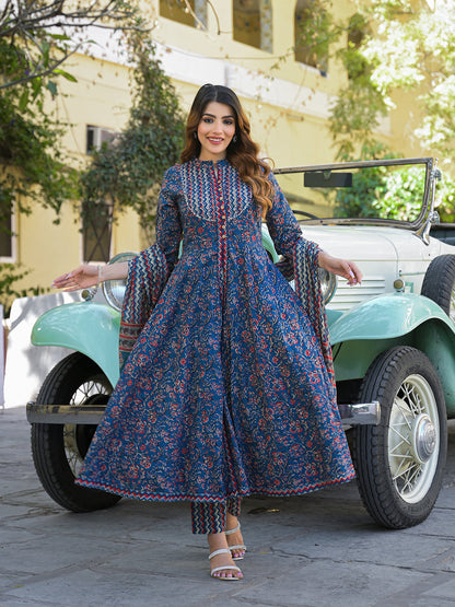 Multicolor Floral Print Cotton Fabric Kurta  Pant With Dupatta