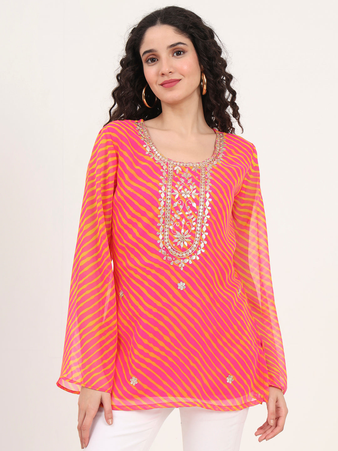Pink Leheriya Gotta Patti Work Geogratte Round Neck Top
