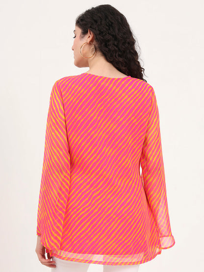 Pink Leheriya Gotta Patti Work Geogratte Round Neck Top