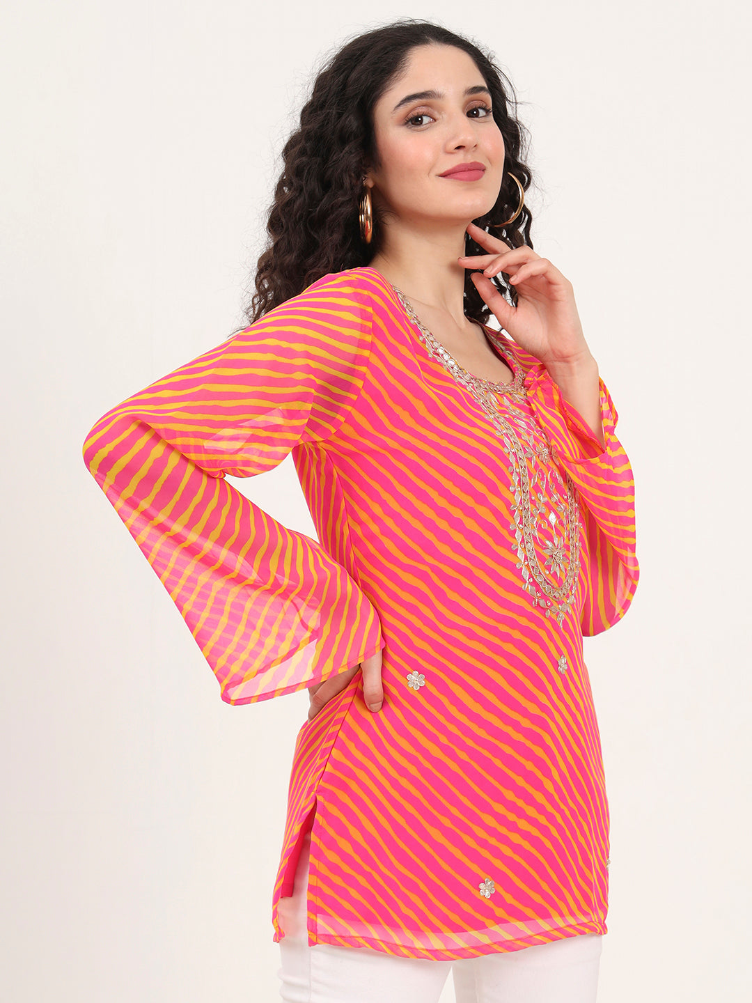 Pink Leheriya Gotta Patti Work Geogratte Round Neck Top