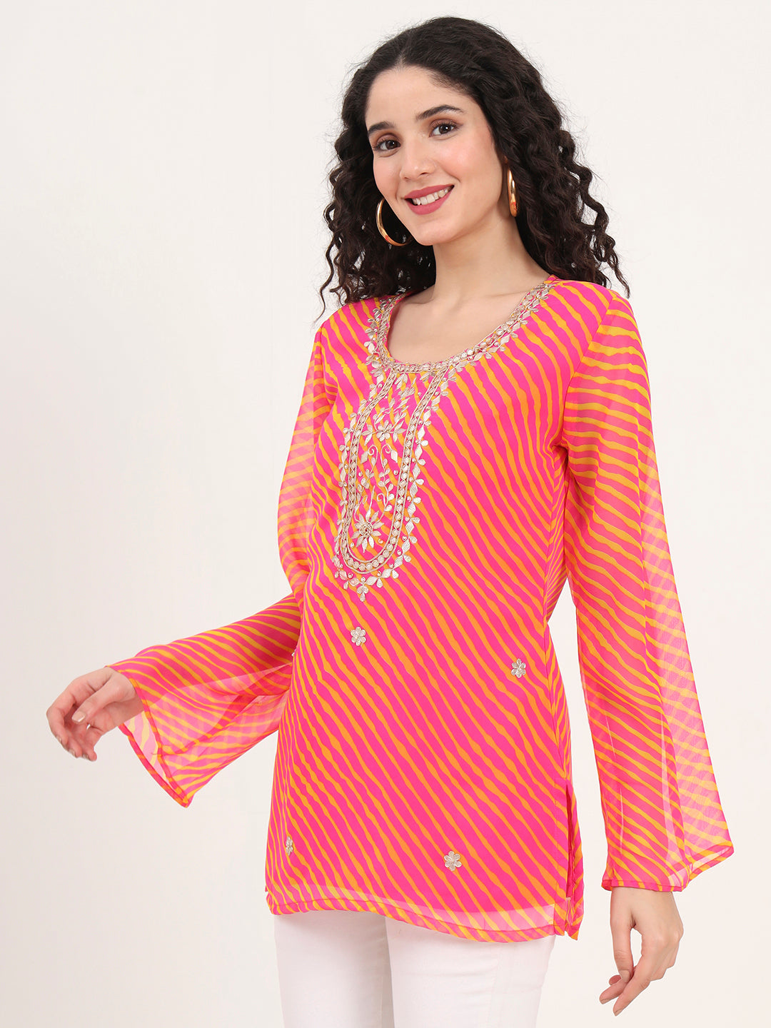 Pink Leheriya Gotta Patti Work Geogratte Round Neck Top