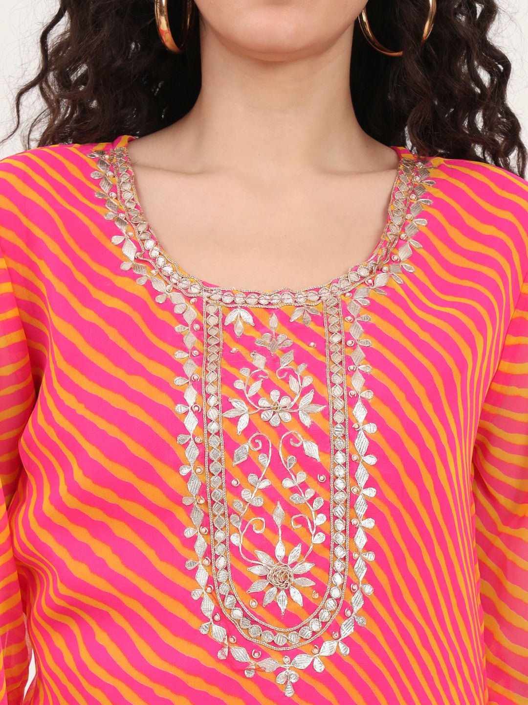 Pink Leheriya Gotta Patti Work Geogratte Round Neck Top