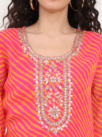 Pink Leheriya Gotta Patti Work Geogratte Round Neck Top