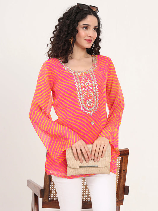 Pink Leheriya Gotta Patti Work Geogratte Round Neck Top