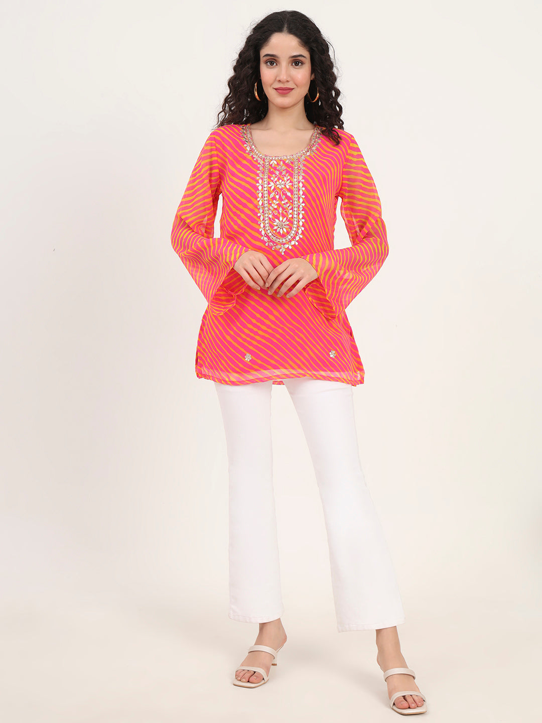 Pink Leheriya Gotta Patti Work Geogratte Round Neck Top