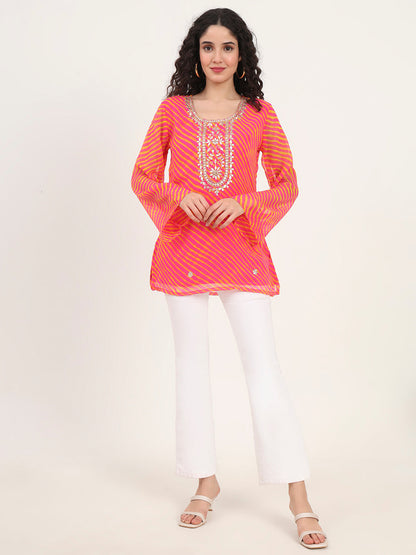 Pink Leheriya Gotta Patti Work Geogratte Round Neck Top