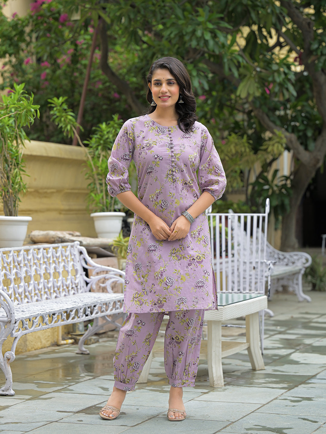 Purple Cotton Printed Kurta haram Pant Sets