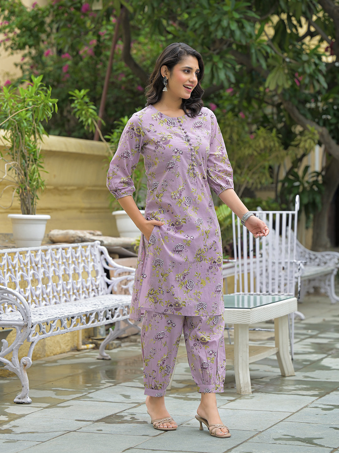Purple Cotton Printed Kurta haram Pant Sets