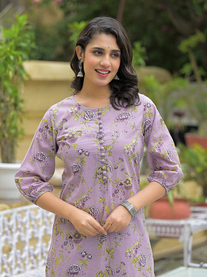 Purple Cotton Printed Kurta haram Pant Sets
