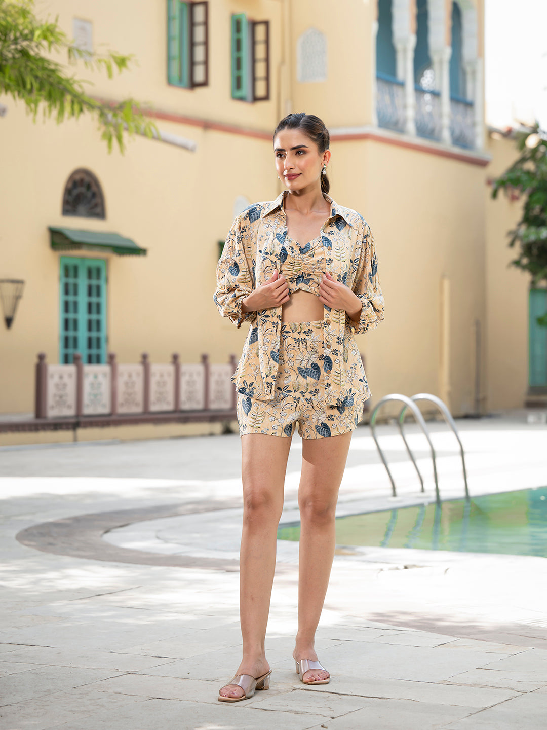 Yellow Floral Print Rayon Fabric  Shirts Shorts With Crop Top three Piece set