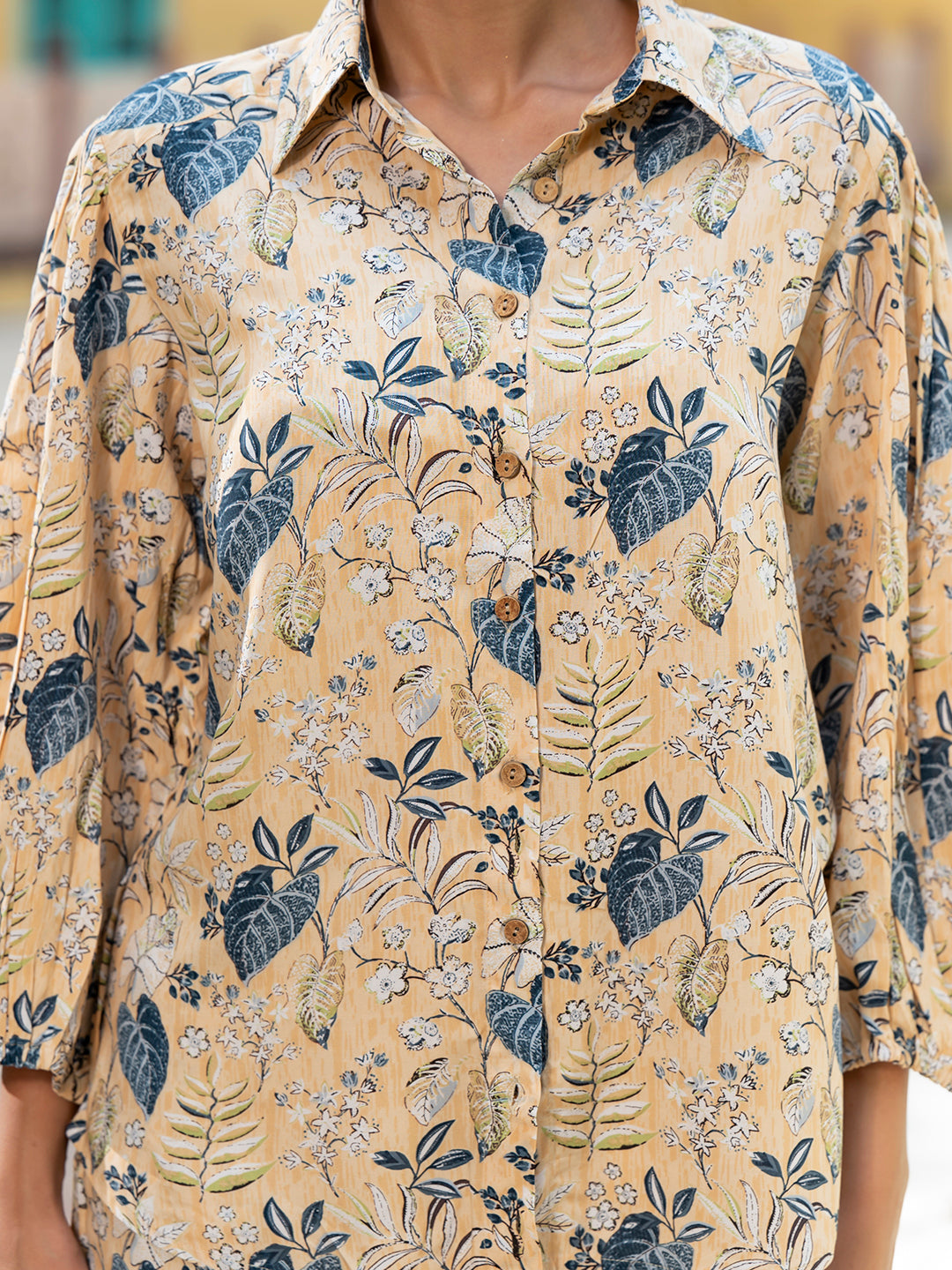 Yellow Floral Print Rayon Fabric  Shirts Shorts With Crop Top three Piece set