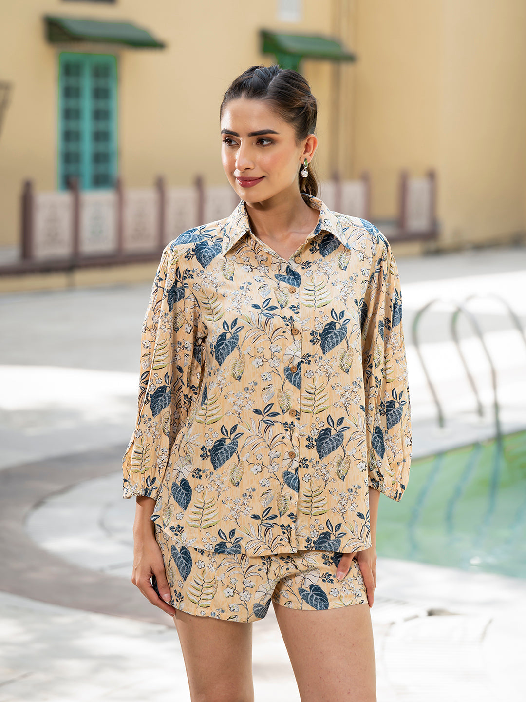 Yellow Floral Print Rayon Fabric  Shirts Shorts With Crop Top three Piece set