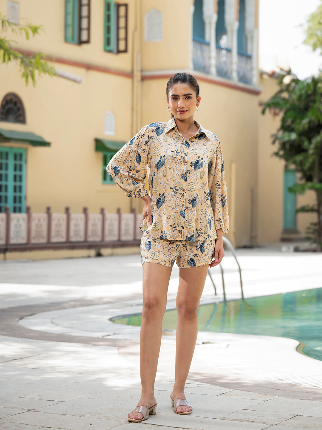 Yellow Floral Print Rayon Fabric  Shirts Shorts With Crop Top three Piece set