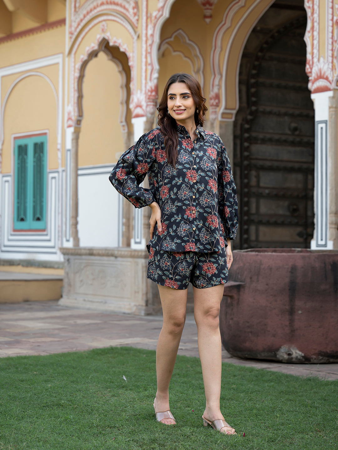 Dark Blue Floral Print Rayon Fabric Shirts Shorts With Crop Top three Piece set