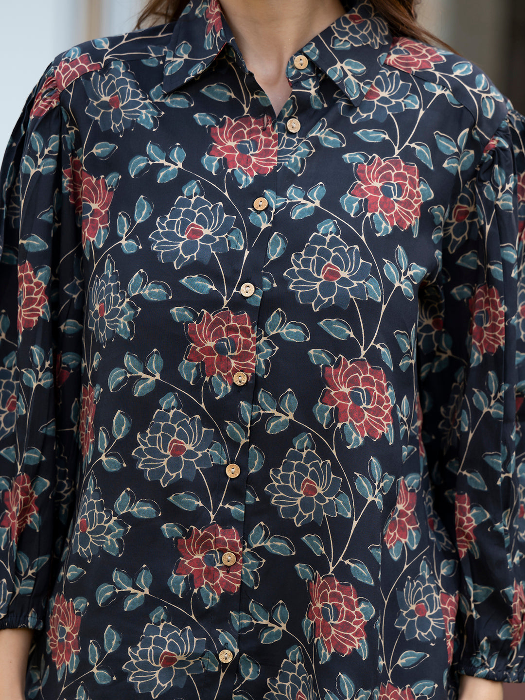 Dark Blue Floral Print Rayon Fabric Shirts Shorts With Crop Top three Piece set