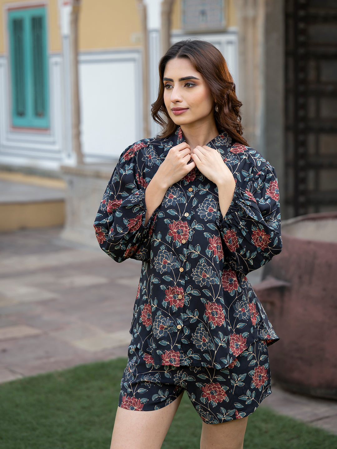 Dark Blue Floral Print Rayon Fabric Shirts Shorts With Crop Top three Piece set